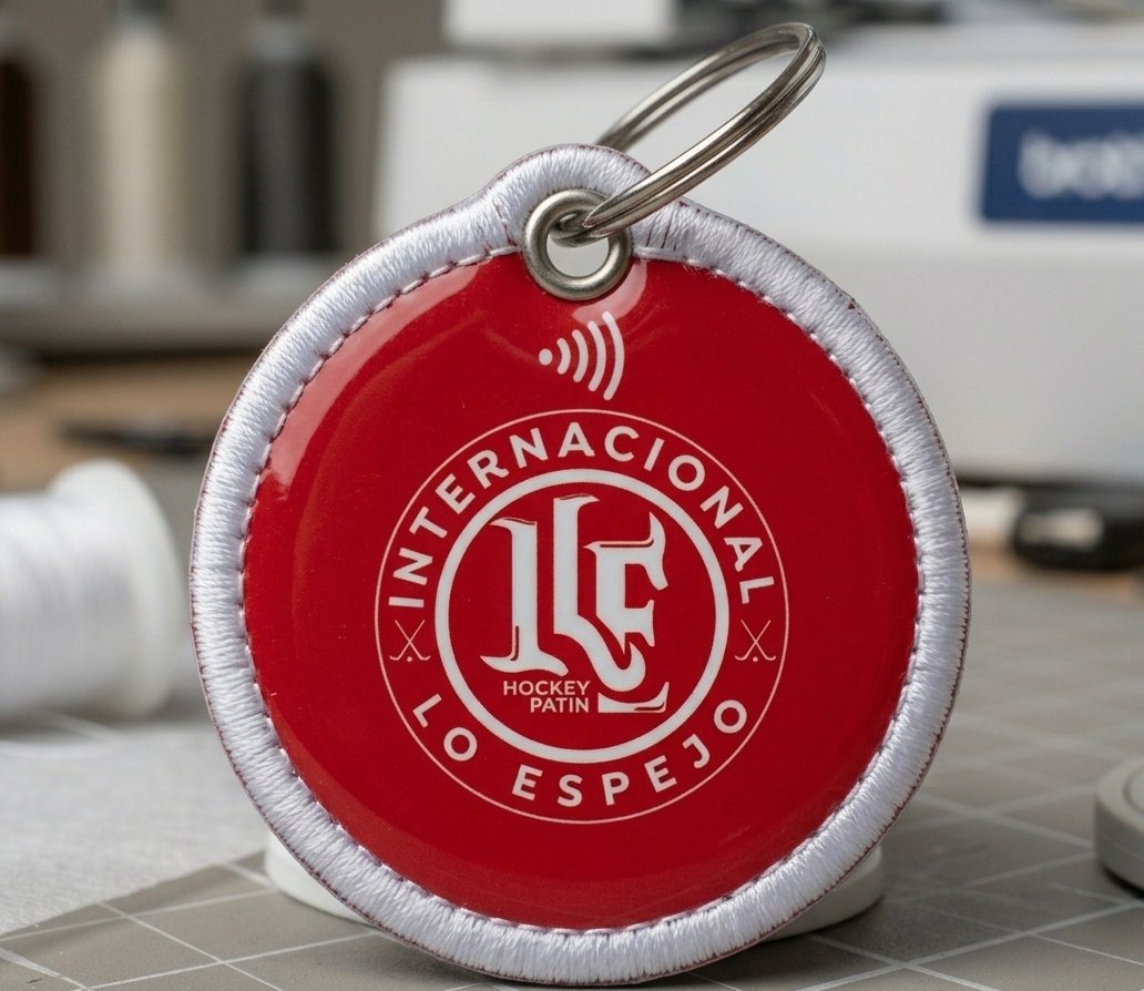 Llavero NFC rojo con borde bordado blanco y escudo del club Internacional Lo Espejo Hockey Patín