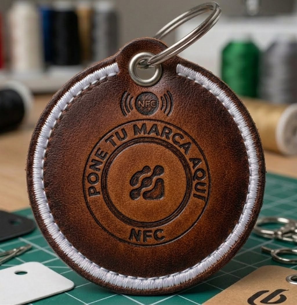 Llavero NFC bordado en cuero con espacio genérico "Pone tu marca aquí", listo para personalizar con el logo de una empresa