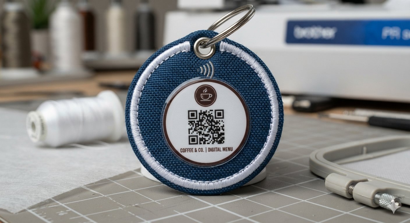 Llavero bordado azul con código QR de menú digital para cafetería