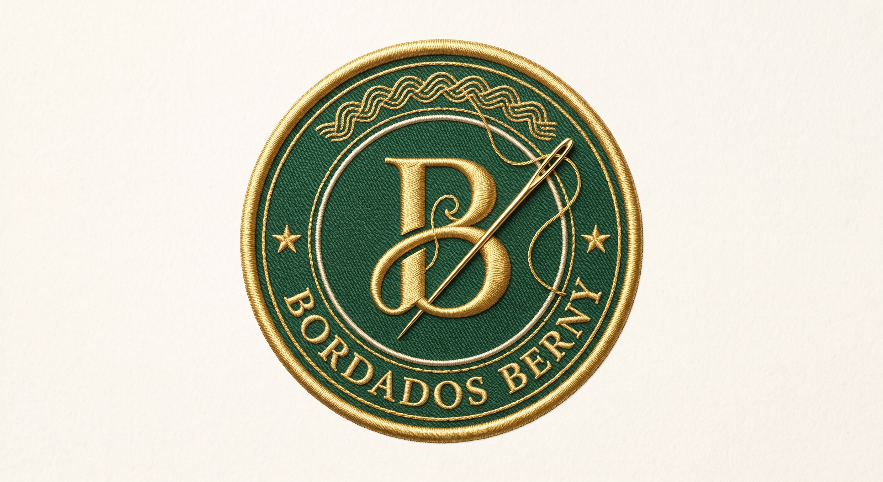 Parche bordado real con el logo dorado de Bordados Berny sobre fondo verde