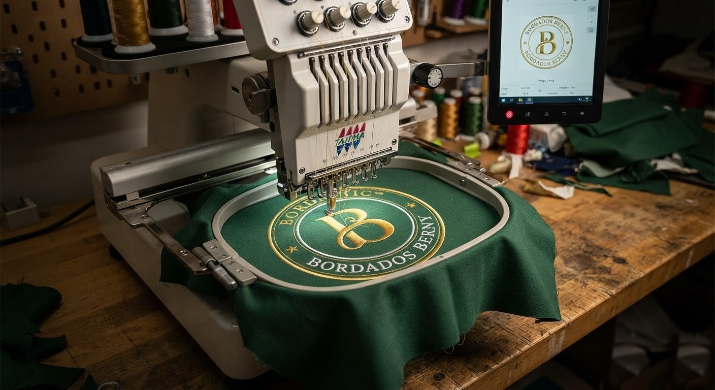 Máquina de bordado industrial bordando en vivo el parche verde y dorado de Bordados Berny