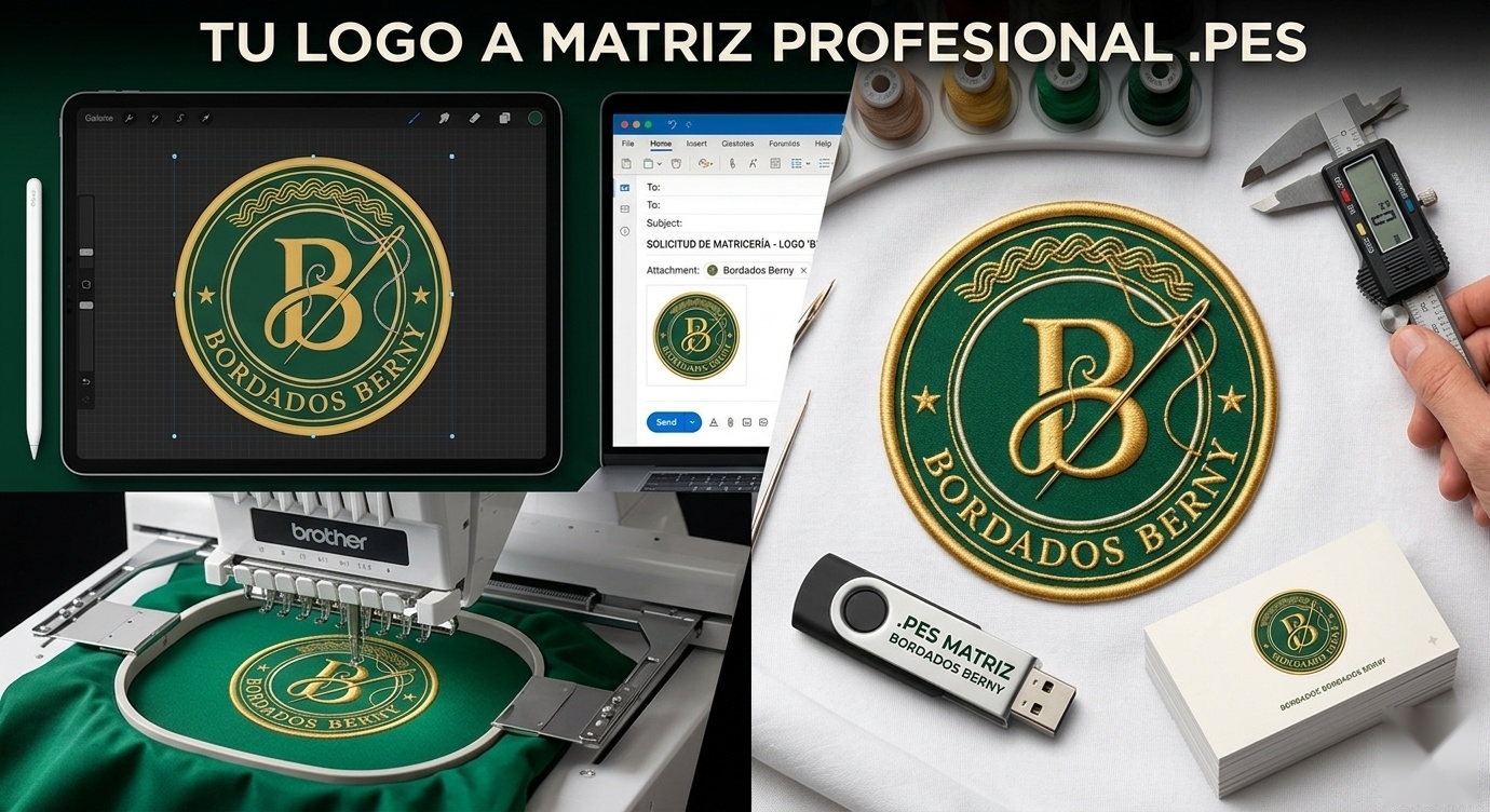 Estudio de digitalización: tableta gráfica, máquina de bordado y herramientas para convertir un logo en matriz .pes